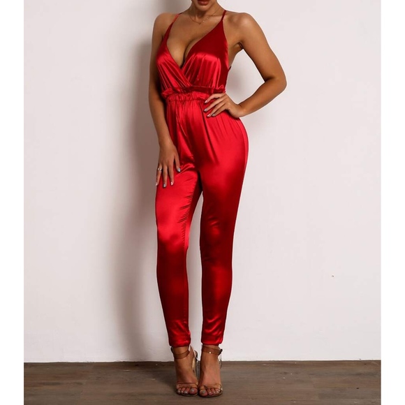 Red Satin V Neck Criss Cross Backless Jumpsuit - Picture 3 of 5
